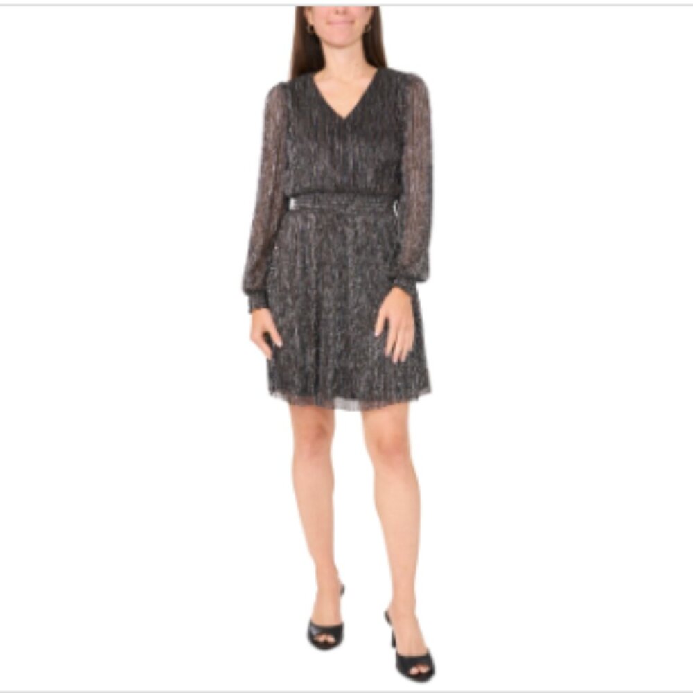 Msk Petite V-Neck Metallic-Threaded Smocked-Waist Dress - Black/Gold